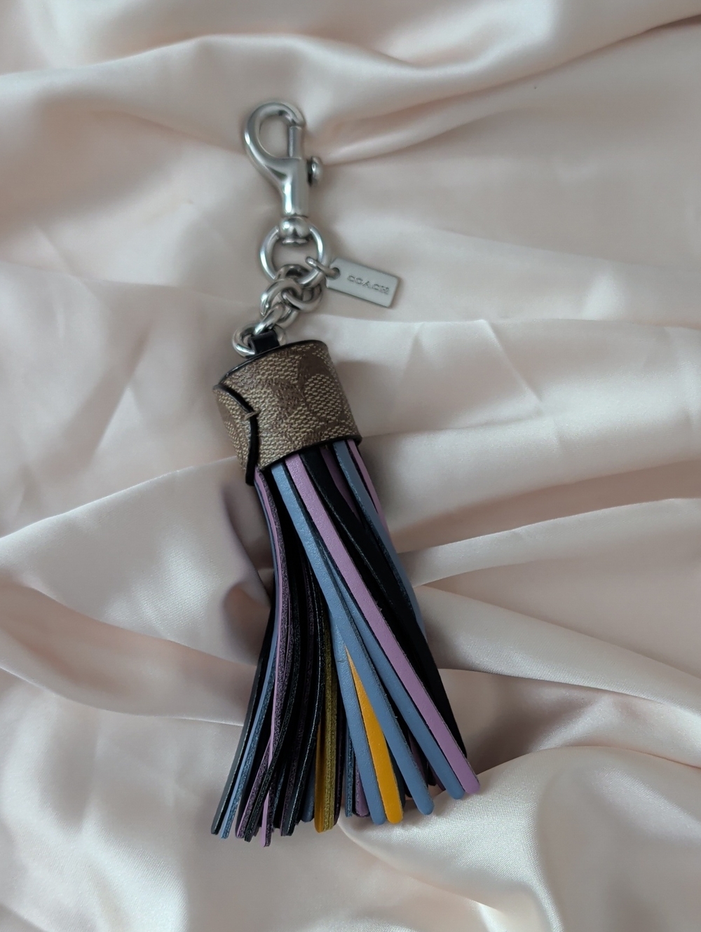 Coach Multicolor Leather Tassel Keychain in Brown, Black, Lavender, Blue, Yellow